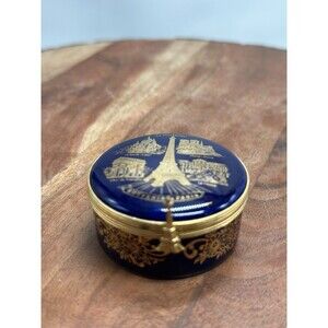Limoges France Eiffel Tower Painted Cobalt Blue Trinket Box 22K Gold